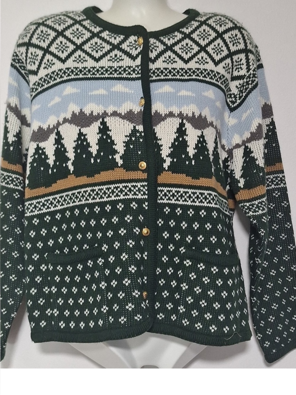 Fair Isle Scenic Knit Cardigan - White Mountains, Green Trees, Blue Sky MP EUC